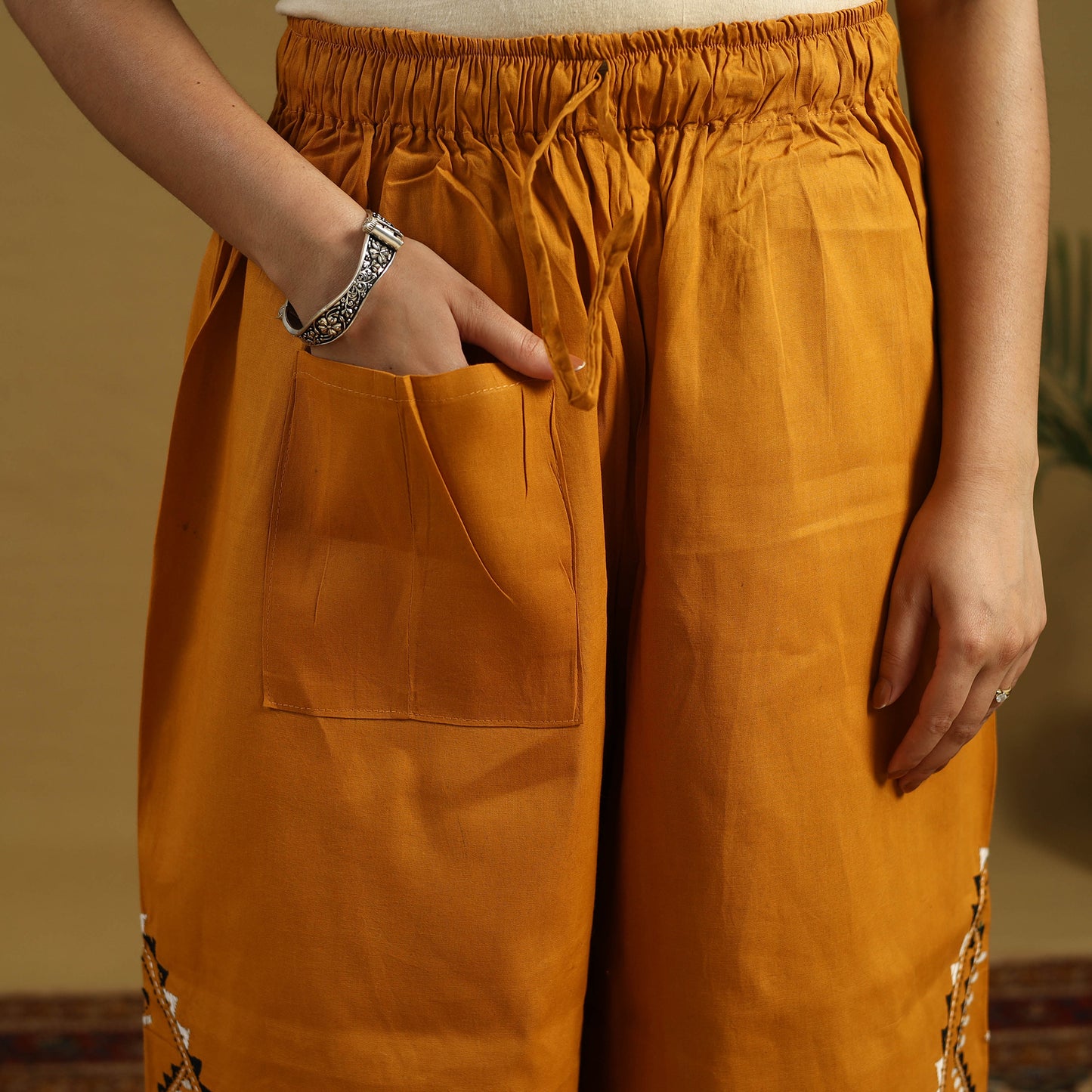 Buy Orange Cotton Bengal Kantha Hand Embroidery Palazzo