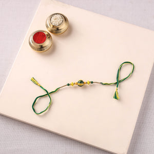 Handcrafted Patwa Threadwork Blue Pottery Beads Rakhi with Potli 21