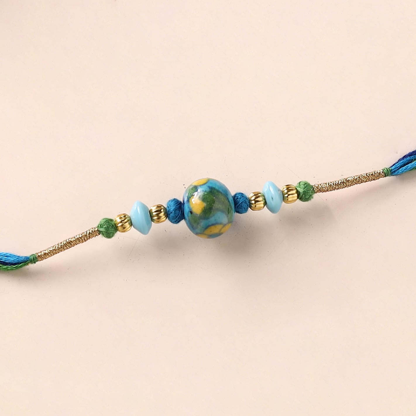 Handcrafted Patwa Threadwork Blue Pottery Beads Rakhi 22