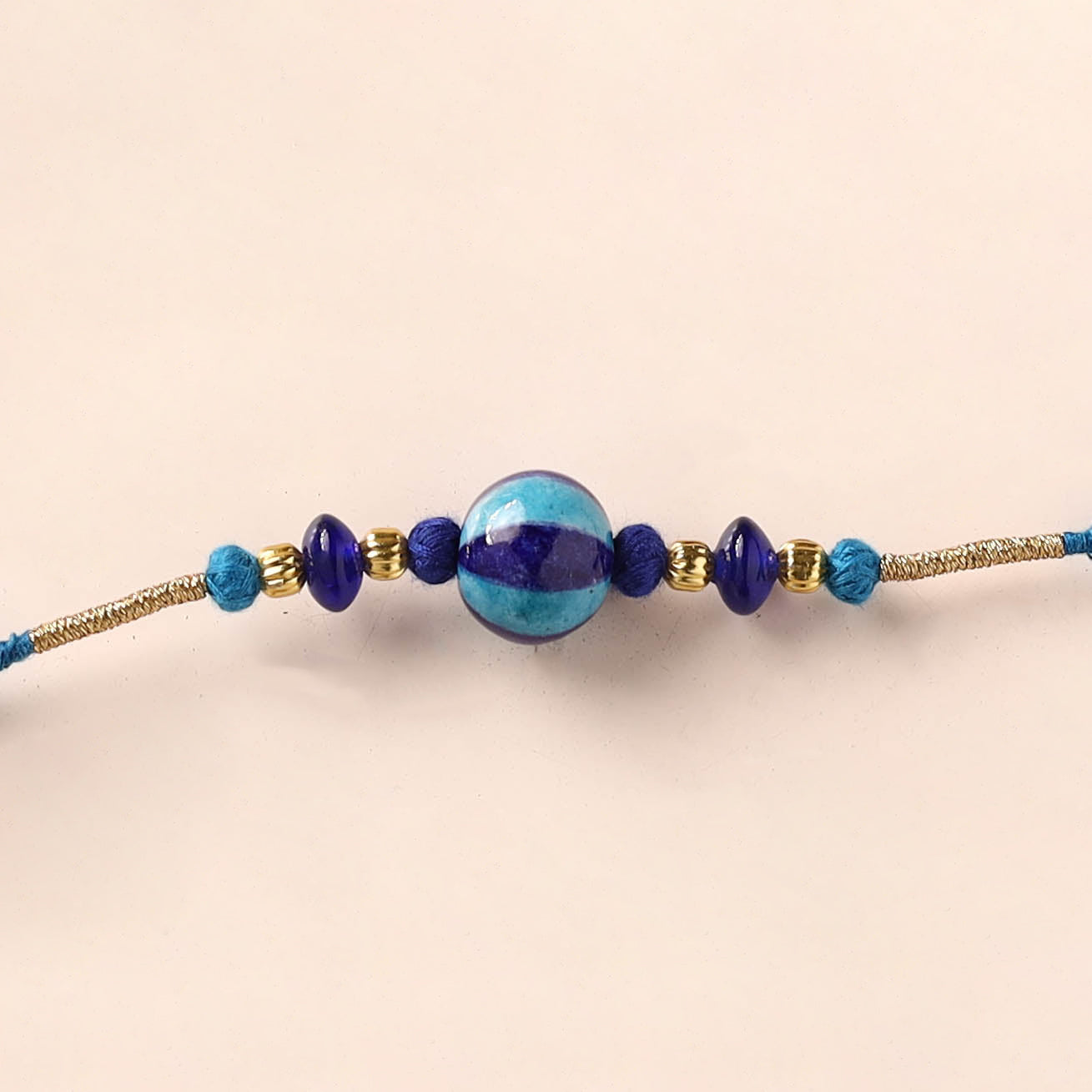 Handcrafted Patwa Threadwork Blue Pottery Beads Rakhi 25