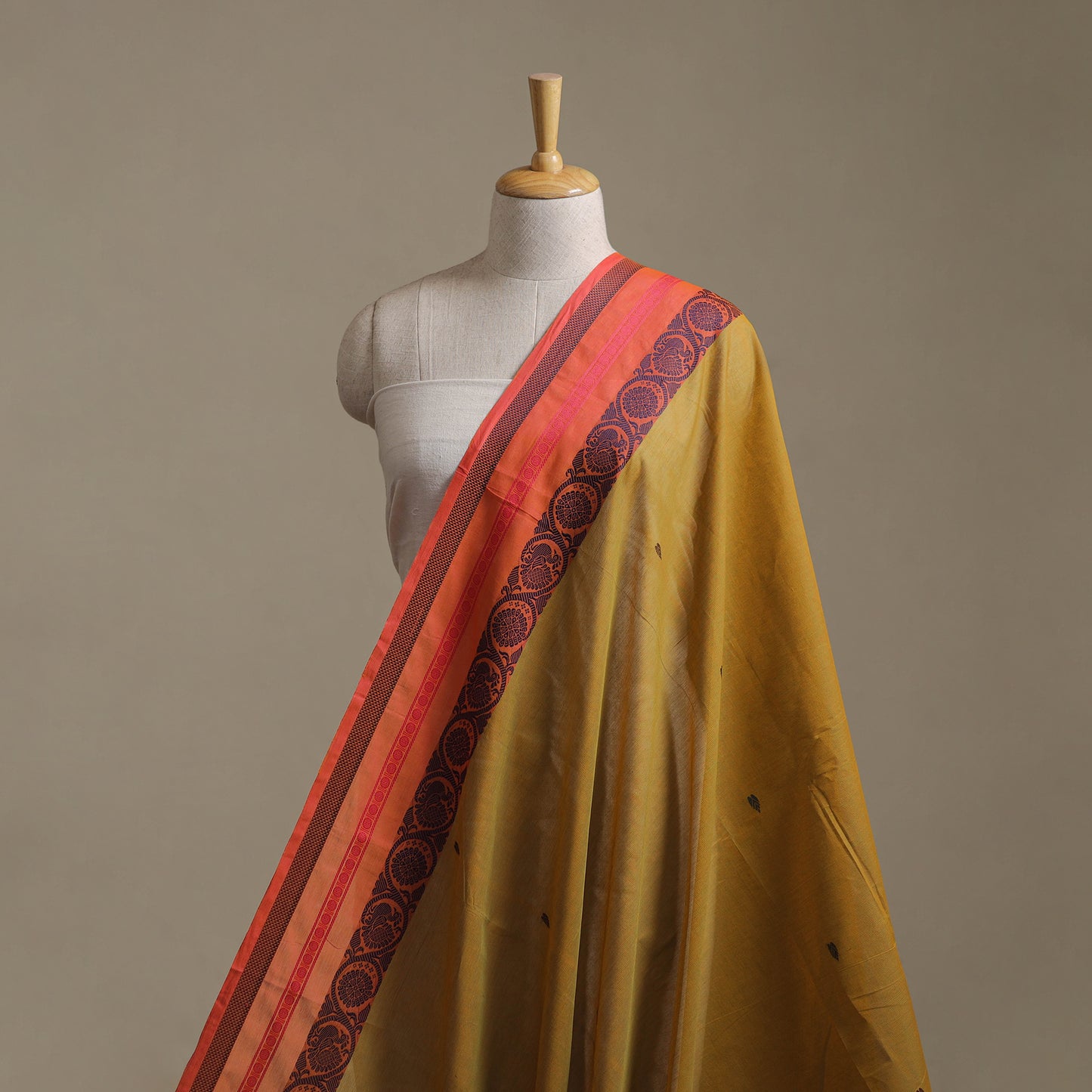 Yellow - Kanchipuram Buti Cotton Fabric with Thread Border 18