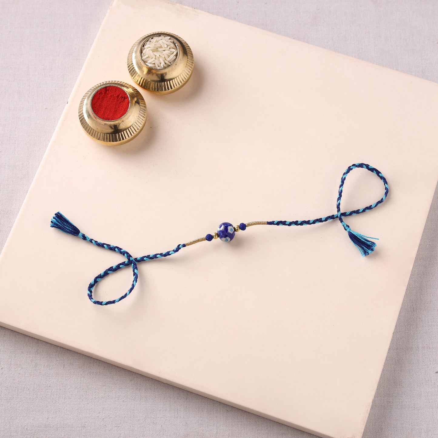 Handcrafted Patwa Threadwork Blue Pottery Beads Rakhi 27