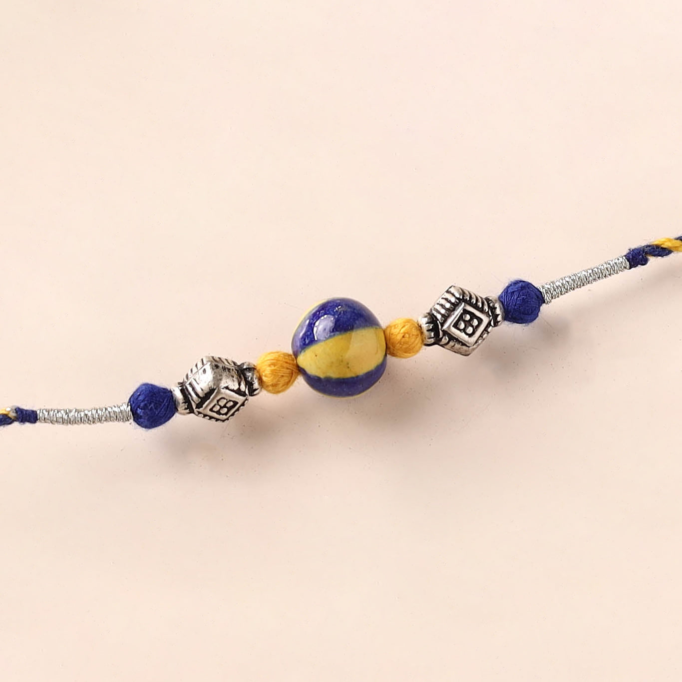 Handcrafted Patwa Threadwork Blue Pottery Beads Rakhi 31