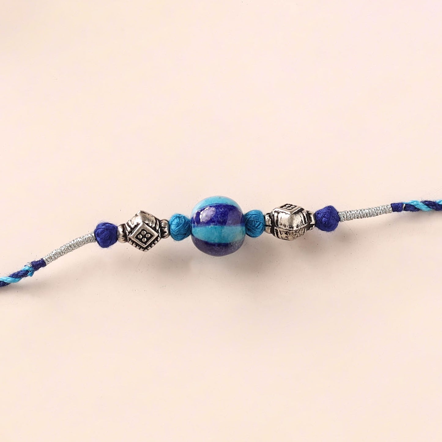Handcrafted Patwa Threadwork Blue Pottery Beads Rakhi 35