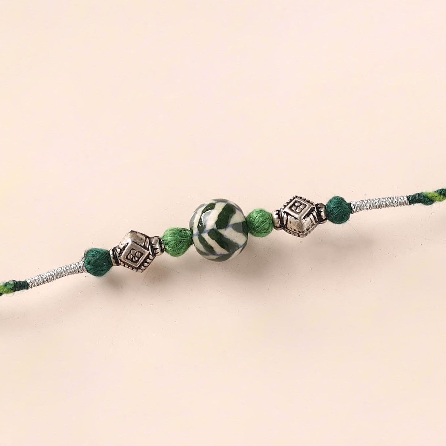 Handcrafted Patwa Threadwork Blue Pottery Beads Rakhi 36