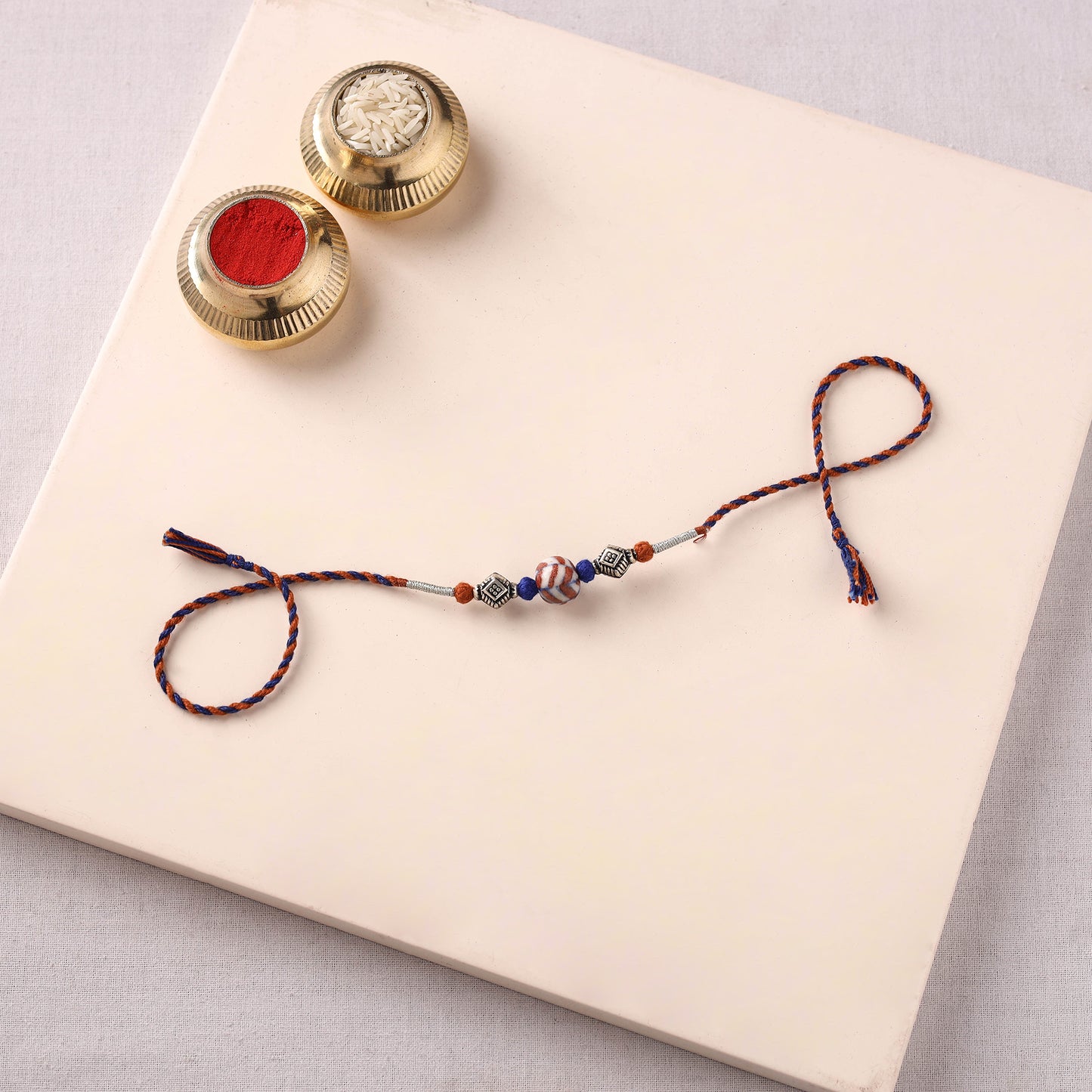 Handcrafted Patwa Threadwork Blue Pottery Beads Rakhi 37