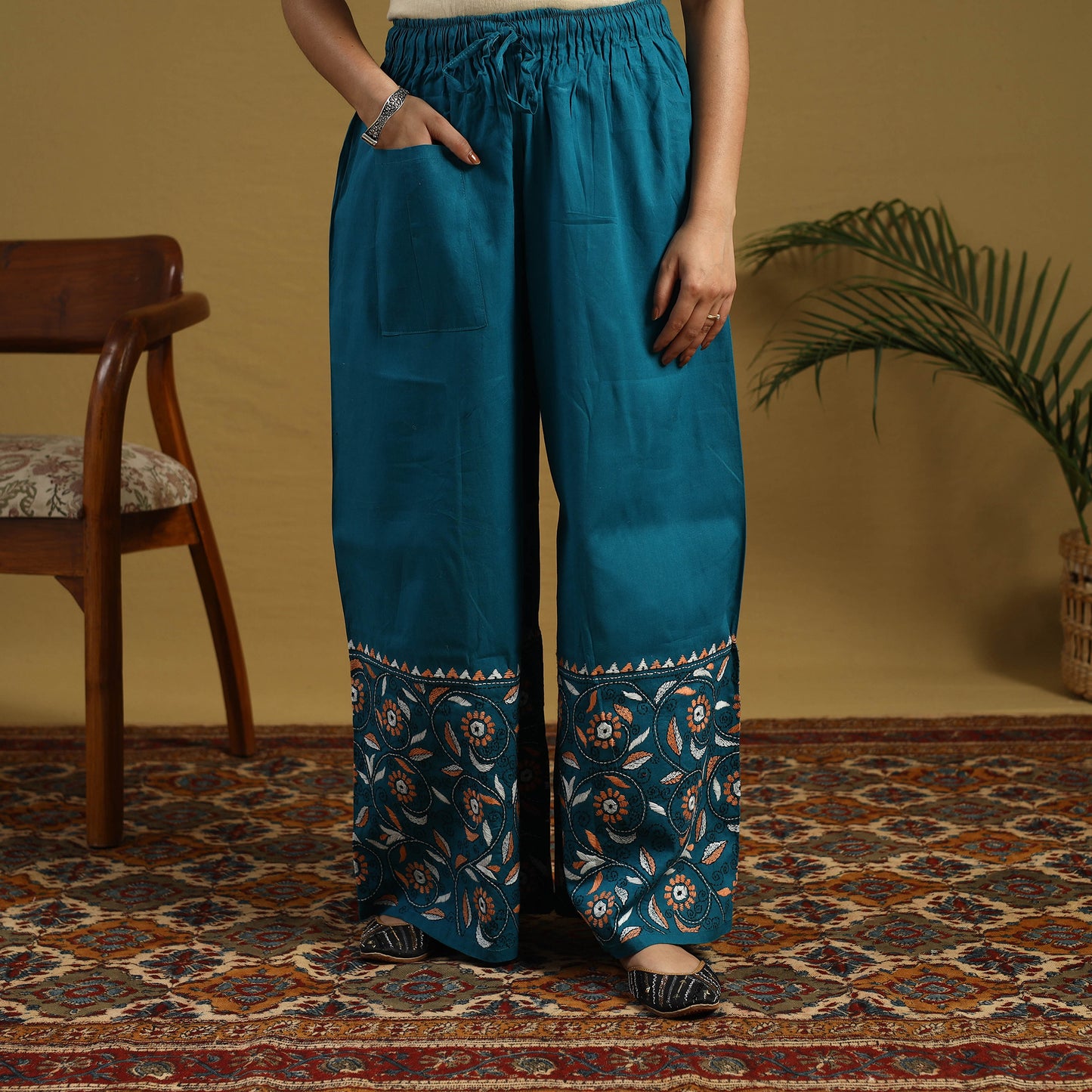 Buy Blue Cotton Bengal Kantha Hand Embroidery Palazzo