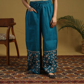 Buy Blue Cotton Bengal Kantha Hand Embroidery Palazzo