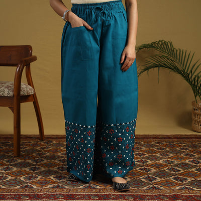 Buy Blue Cotton Bengal Kantha Hand Embroidery Palazzo