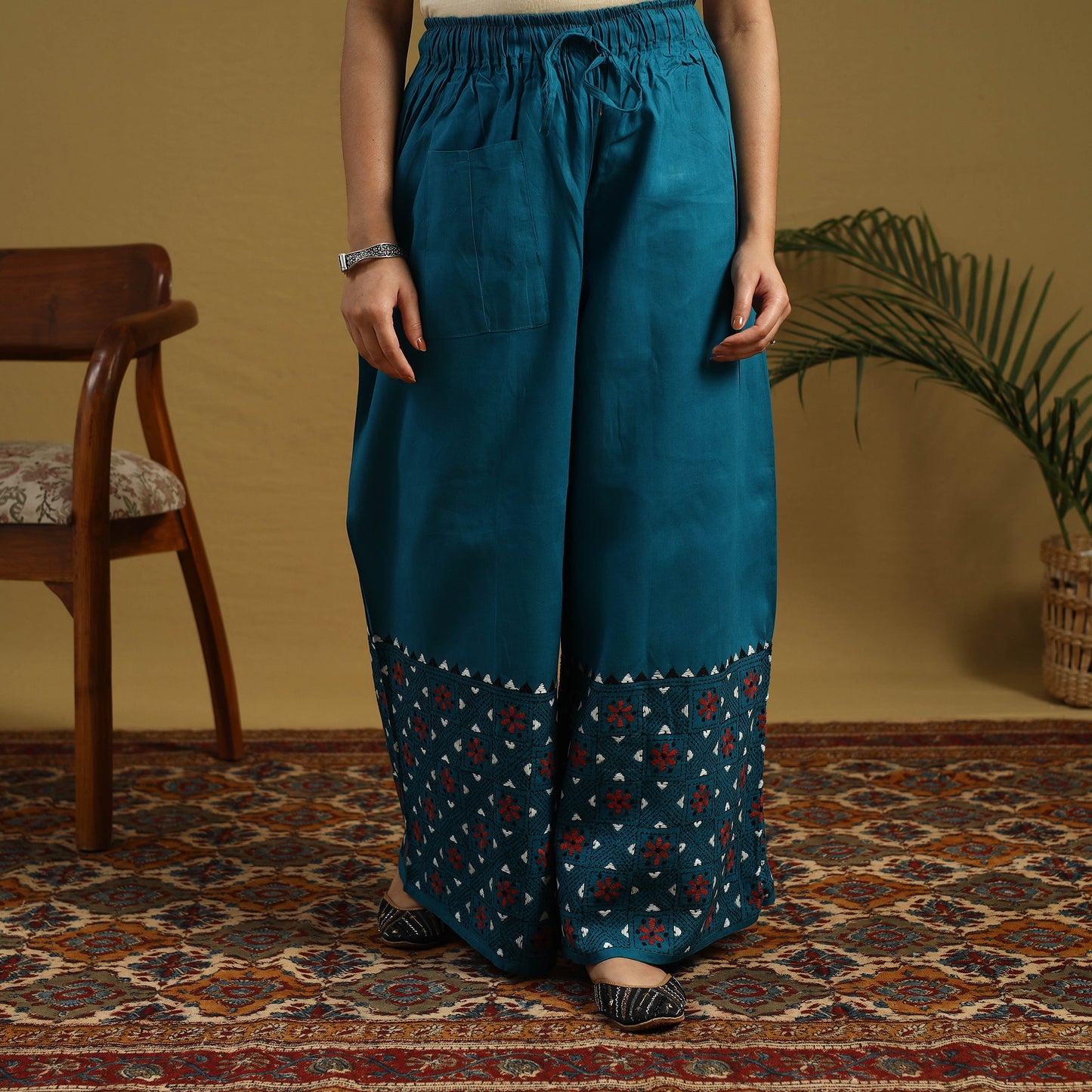 Buy Blue Cotton Bengal Kantha Hand Embroidery Palazzo