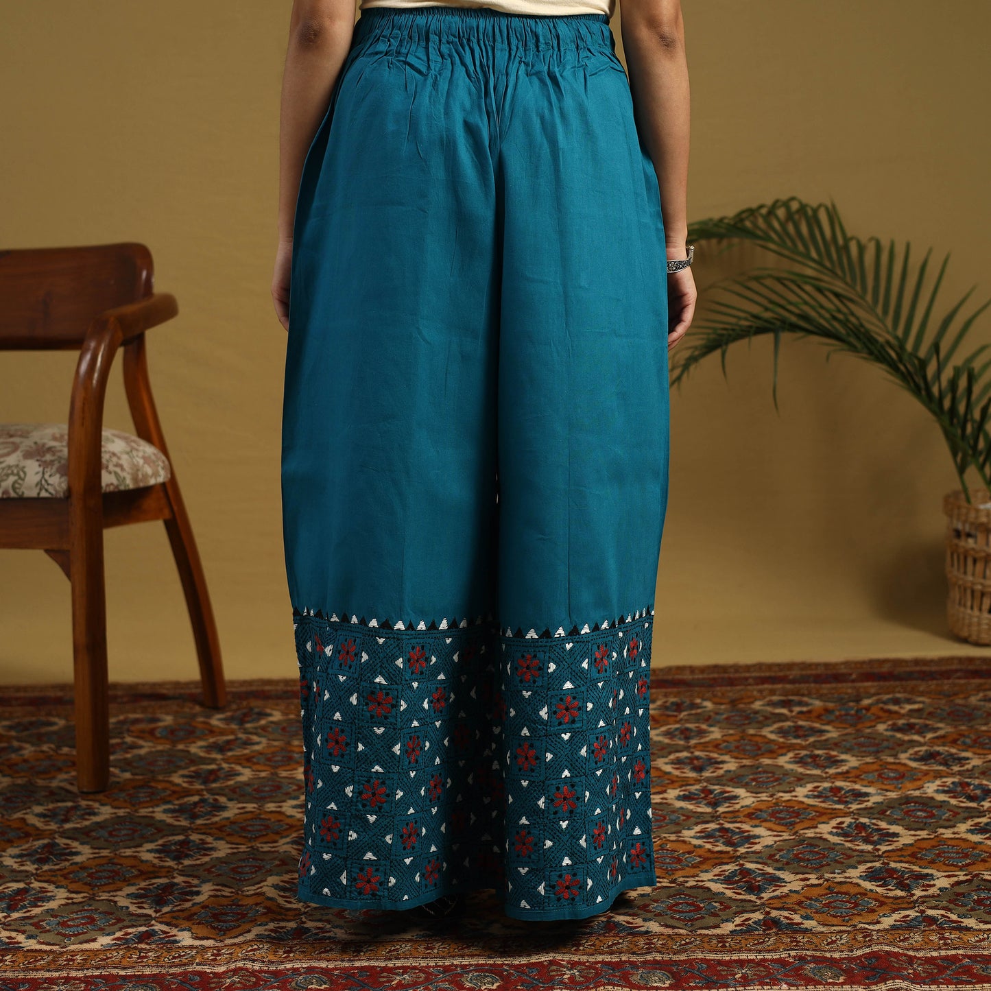 Buy Blue Cotton Bengal Kantha Hand Embroidery Palazzo