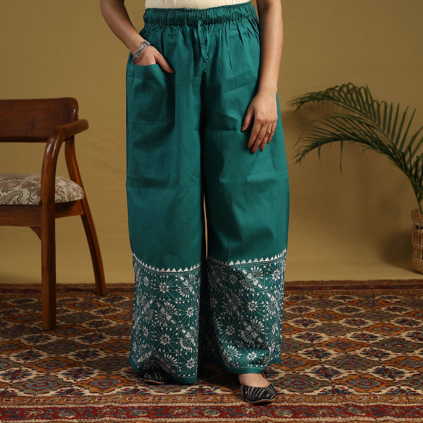 Buy Green Cotton Bengal Kantha Hand Embroidery Palazzo