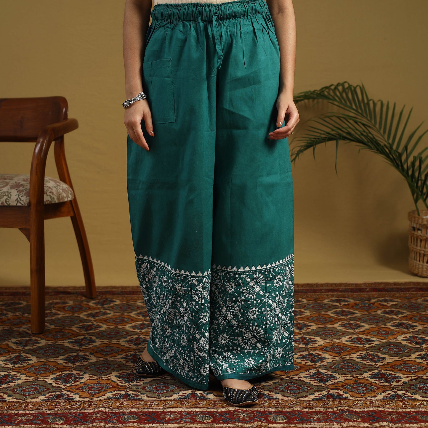 Buy Green Cotton Bengal Kantha Hand Embroidery Palazzo