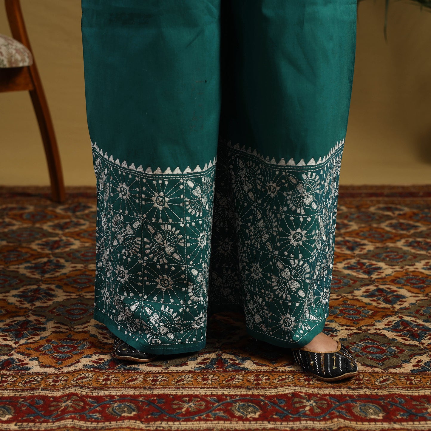 Buy Green Cotton Bengal Kantha Hand Embroidery Palazzo