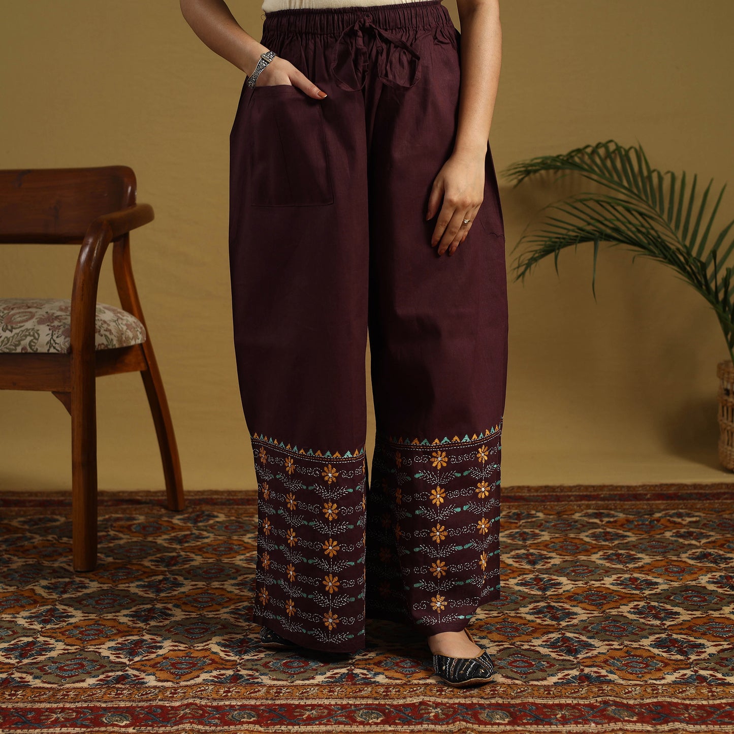 Buy Brown Cotton Bengal Kantha Hand Embroidery Palazzo