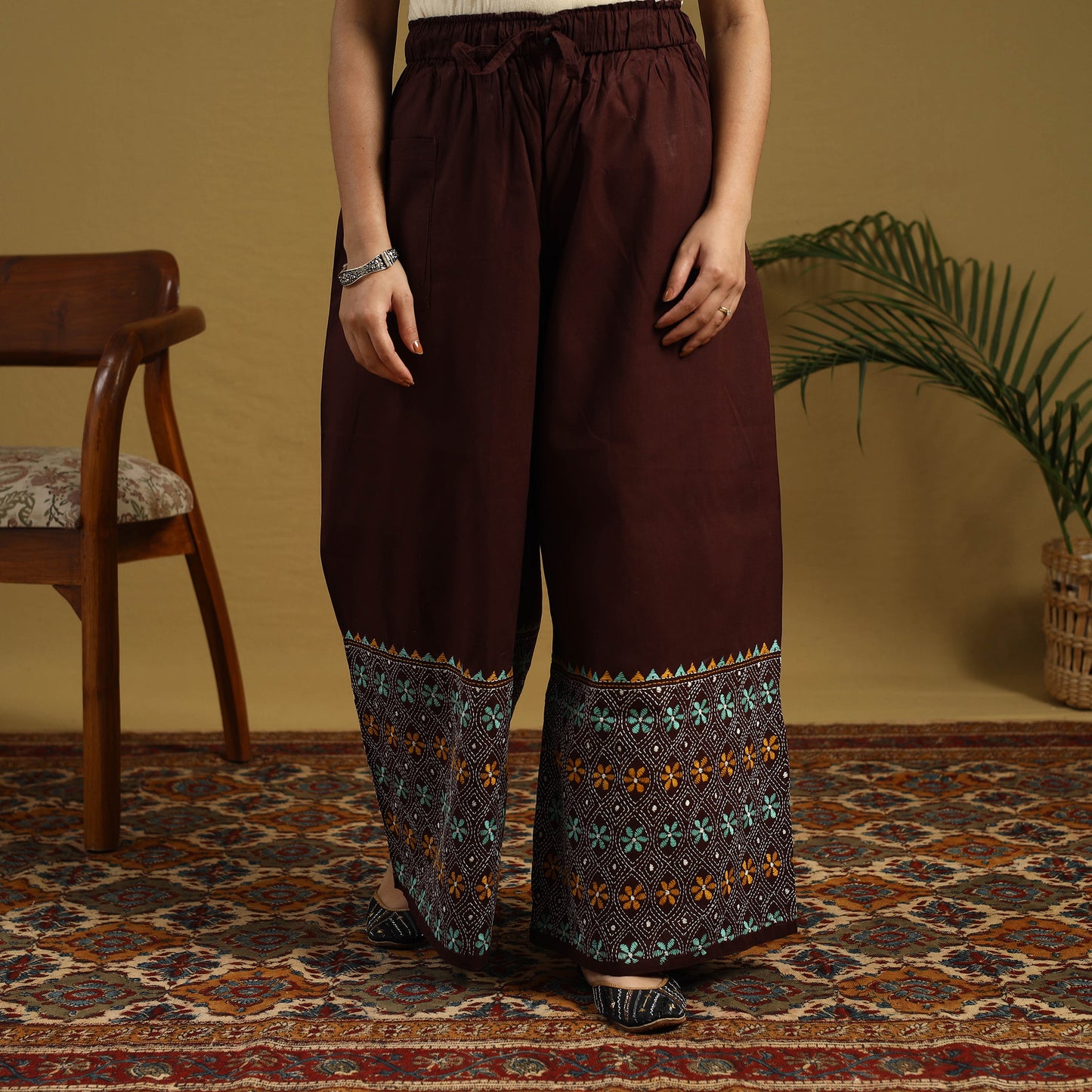  Brown Cotton Bengal Kantha Hand Embroidery Palazzo