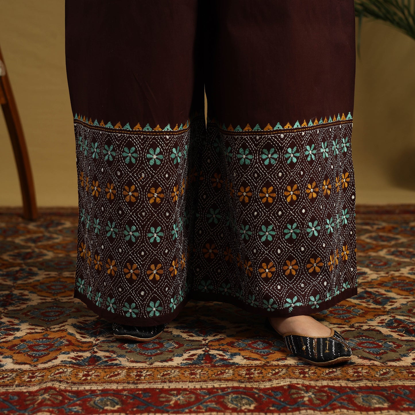  Brown Cotton Bengal Kantha Hand Embroidery Palazzo