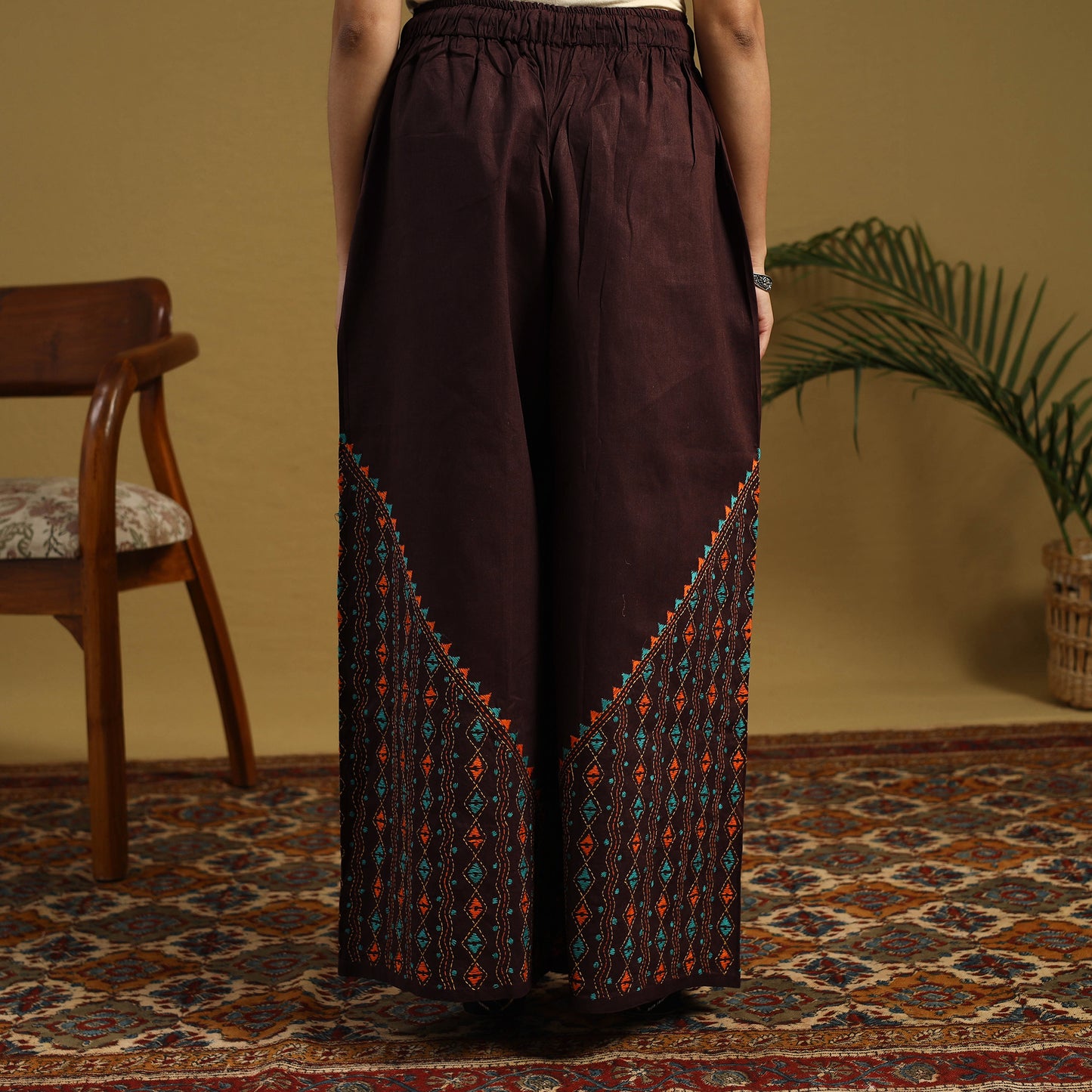 Brown - cotton bengal kantha hand embroidery palazzo 110