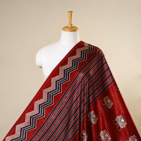 Red - natural dyed mashru silk fabric 29 - handcrafted