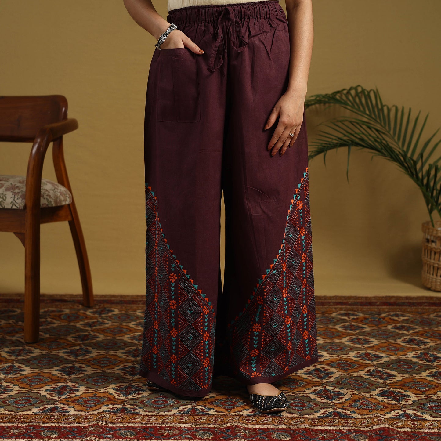 Buy Cotton Bengal Kantha Hand Embroidery Palazzo