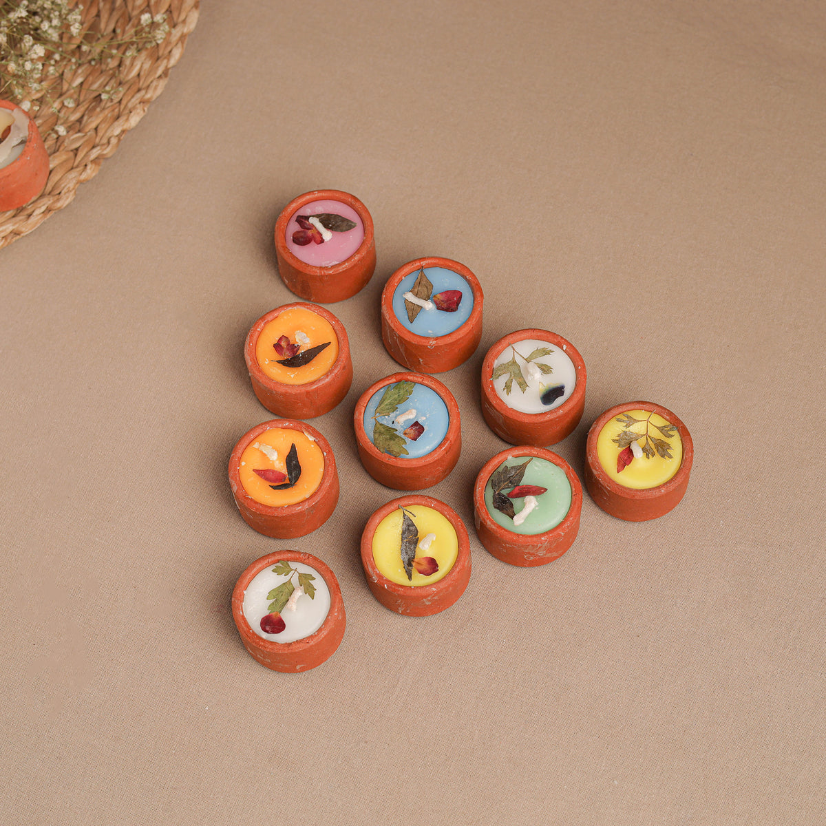 Multicolor - Sri Aurobindo Ashram Ball Clay Diya with Wax (Set of 10) 14