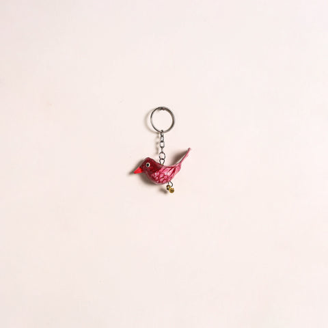 Red - Bird Handmade Paper Mache Keychain 02