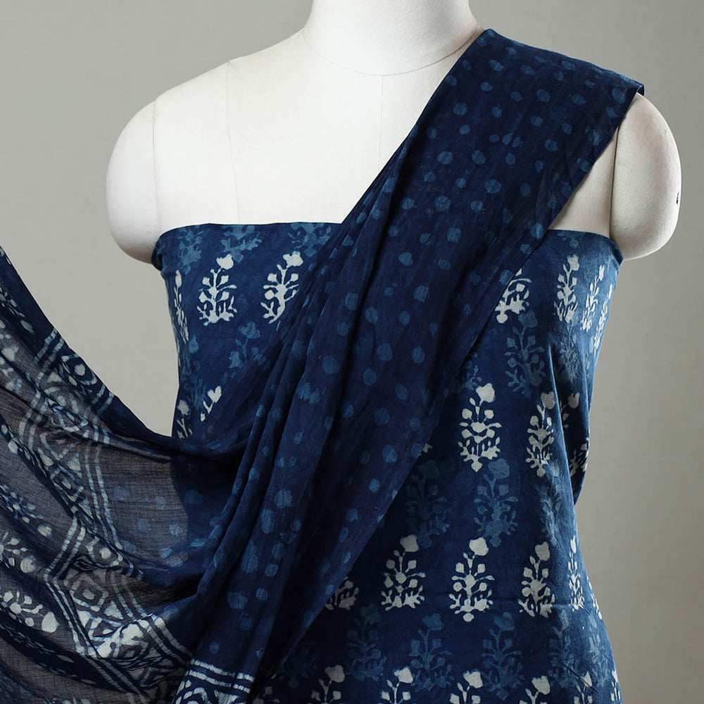 Blue - 3pc Cotton Indigo Bagru Print Dress Material Set 01