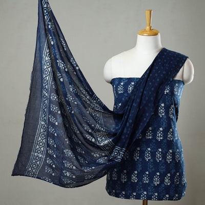 Blue - 3pc Cotton Indigo Bagru Print Dress Material Set 01