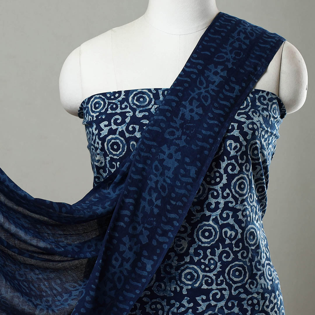 Blue - 3pc Cotton Indigo Bagru Print Dress Material Set 02