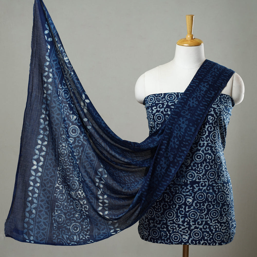 Blue - 3pc Cotton Indigo Bagru Print Dress Material Set 02