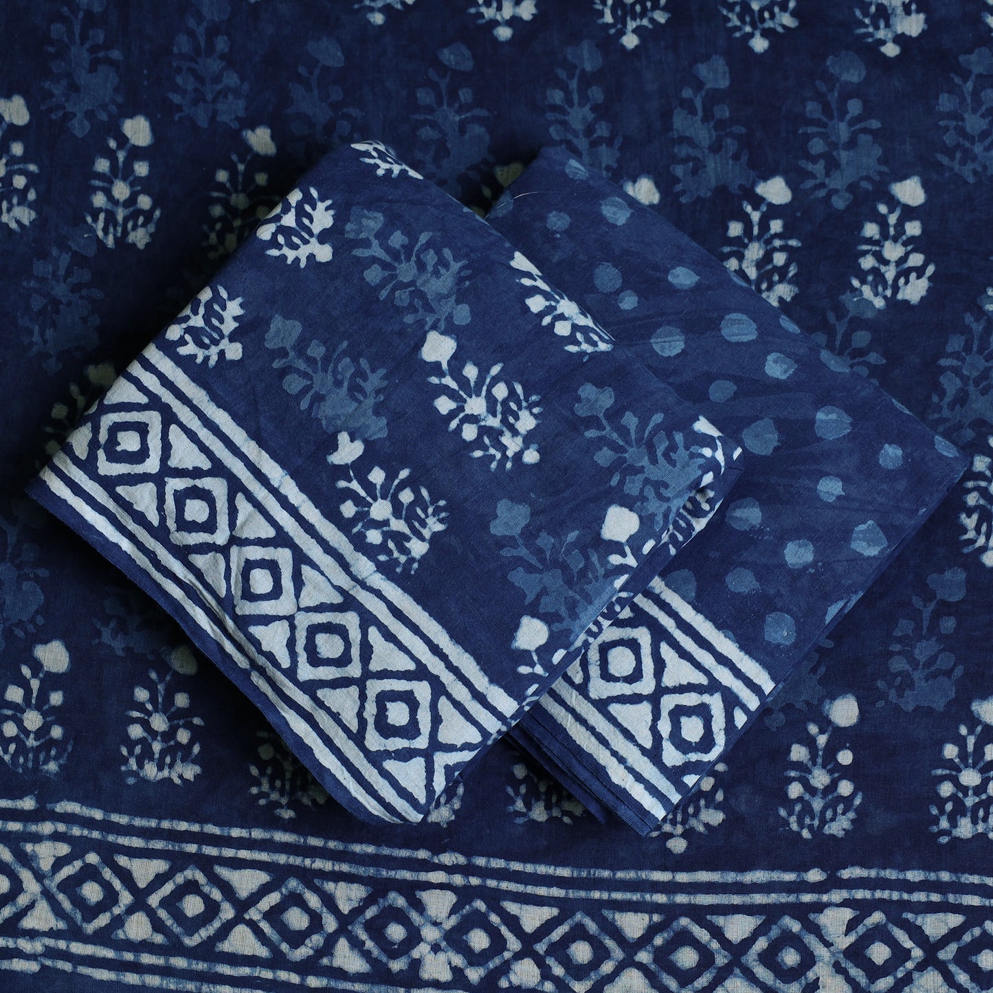 Blue - 3pc Cotton Indigo Bagru Print Dress Material Set 01