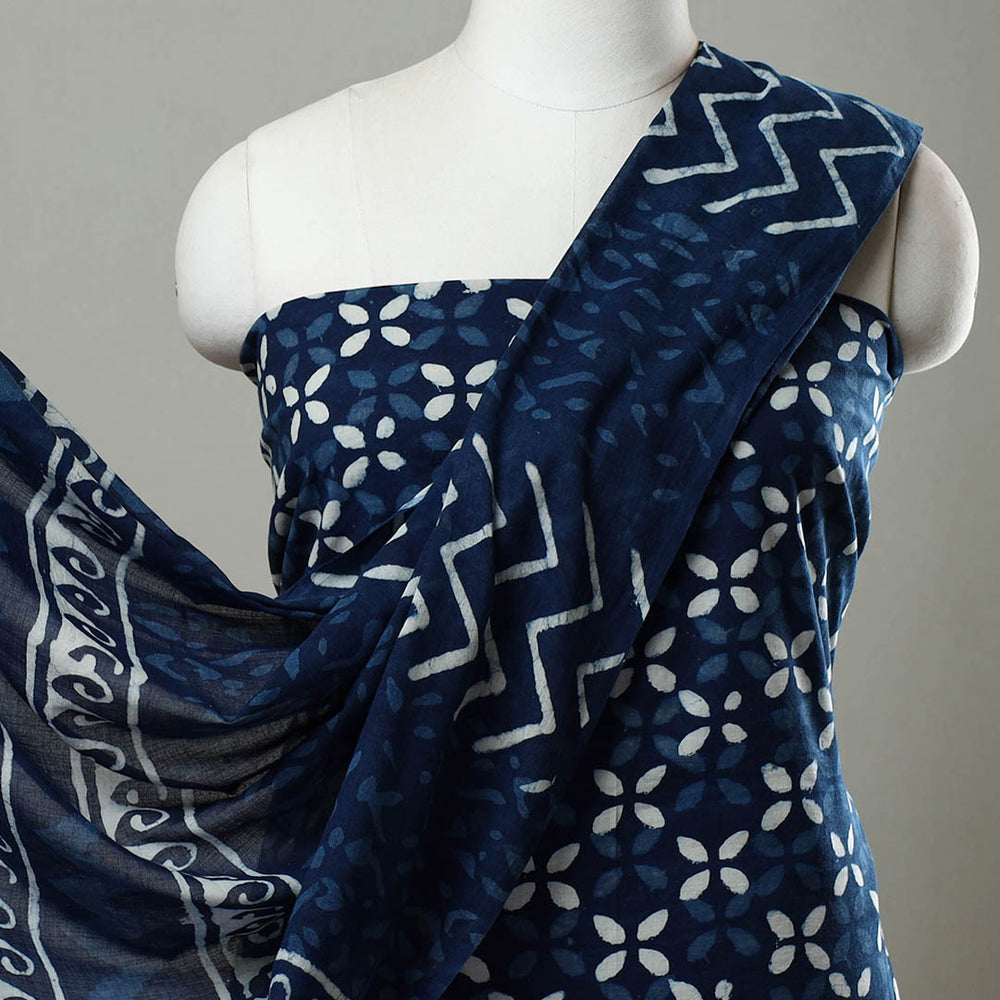 Blue - 3pc Cotton Indigo Bagru Print Dress Material Set 03