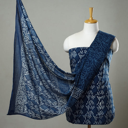 Blue - 3pc Cotton Indigo Bagru Print Dress Material Set 04