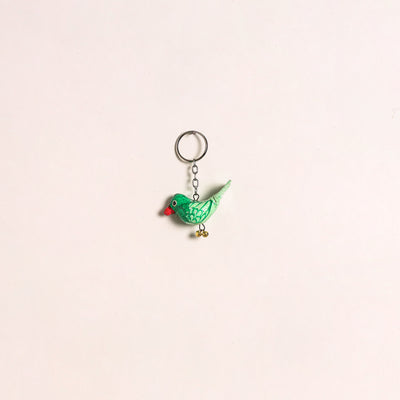 Green - Bird Handmade Paper Mache Keychain 08