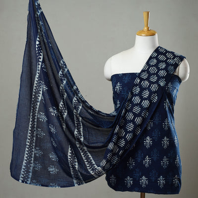 Blue - 3pc Cotton Indigo Bagru Print Dress Material Set 05