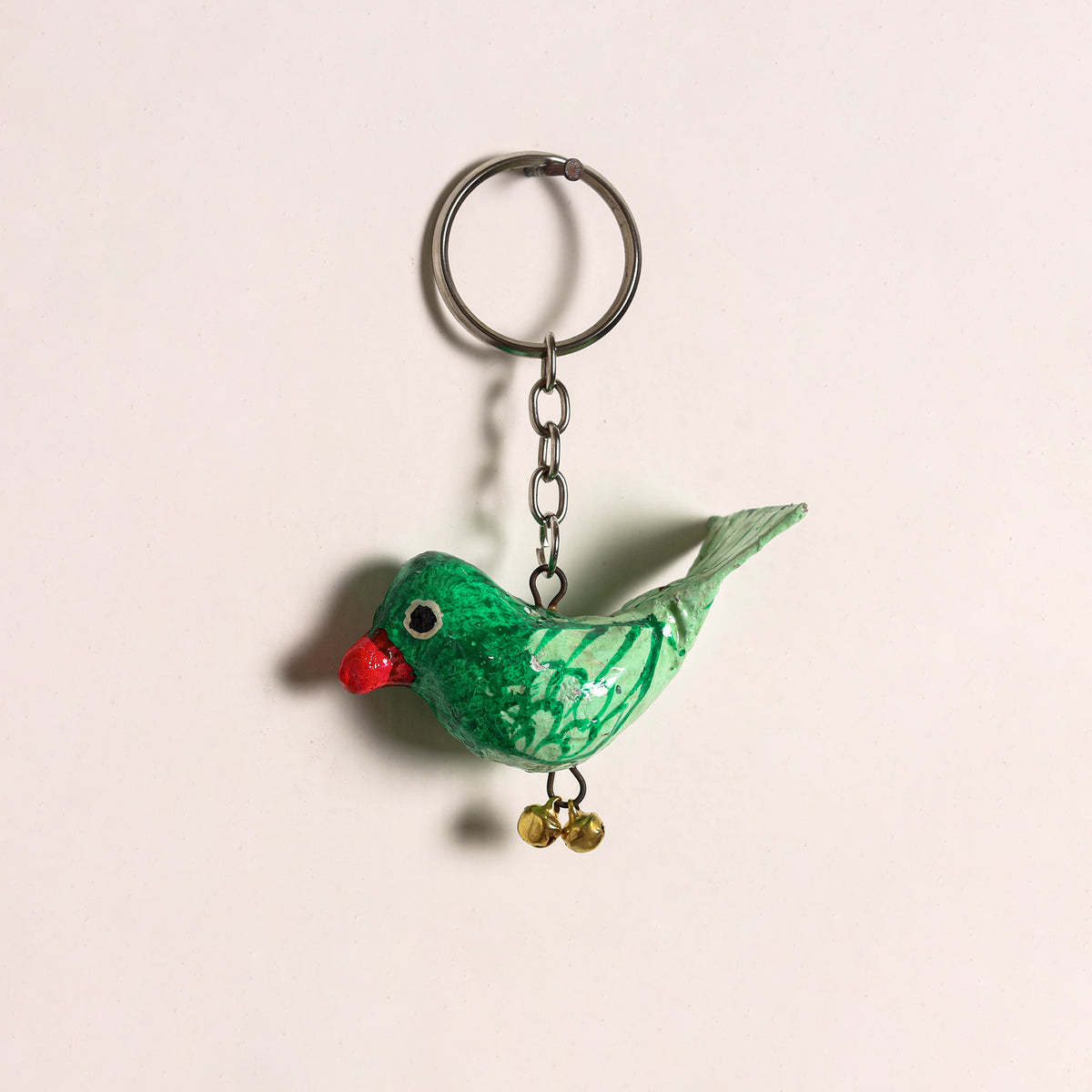 Green - Bird Handmade Paper Mache Keychain 08