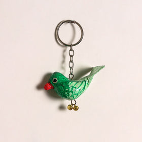 Green - Bird Handmade Paper Mache Keychain 08