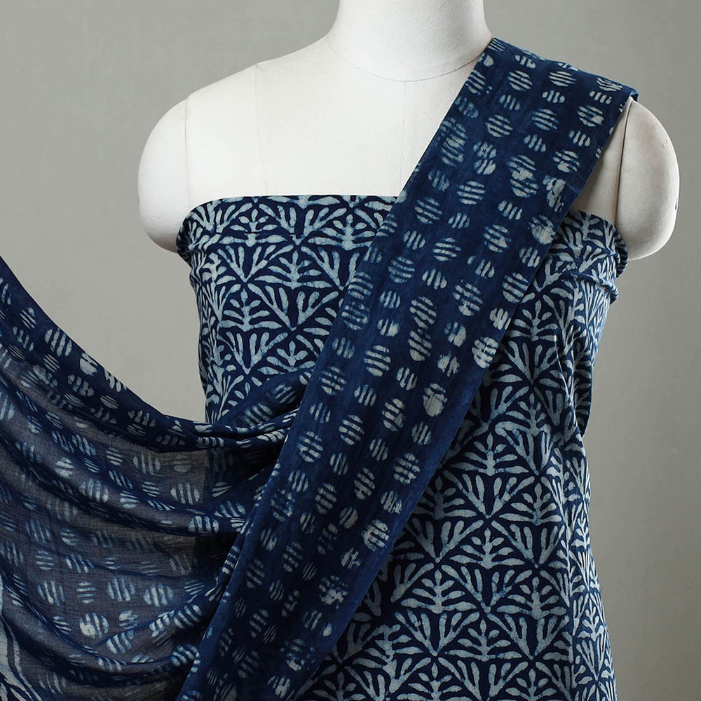 Blue - 3pc Cotton Indigo Bagru Print Dress Material Set 08