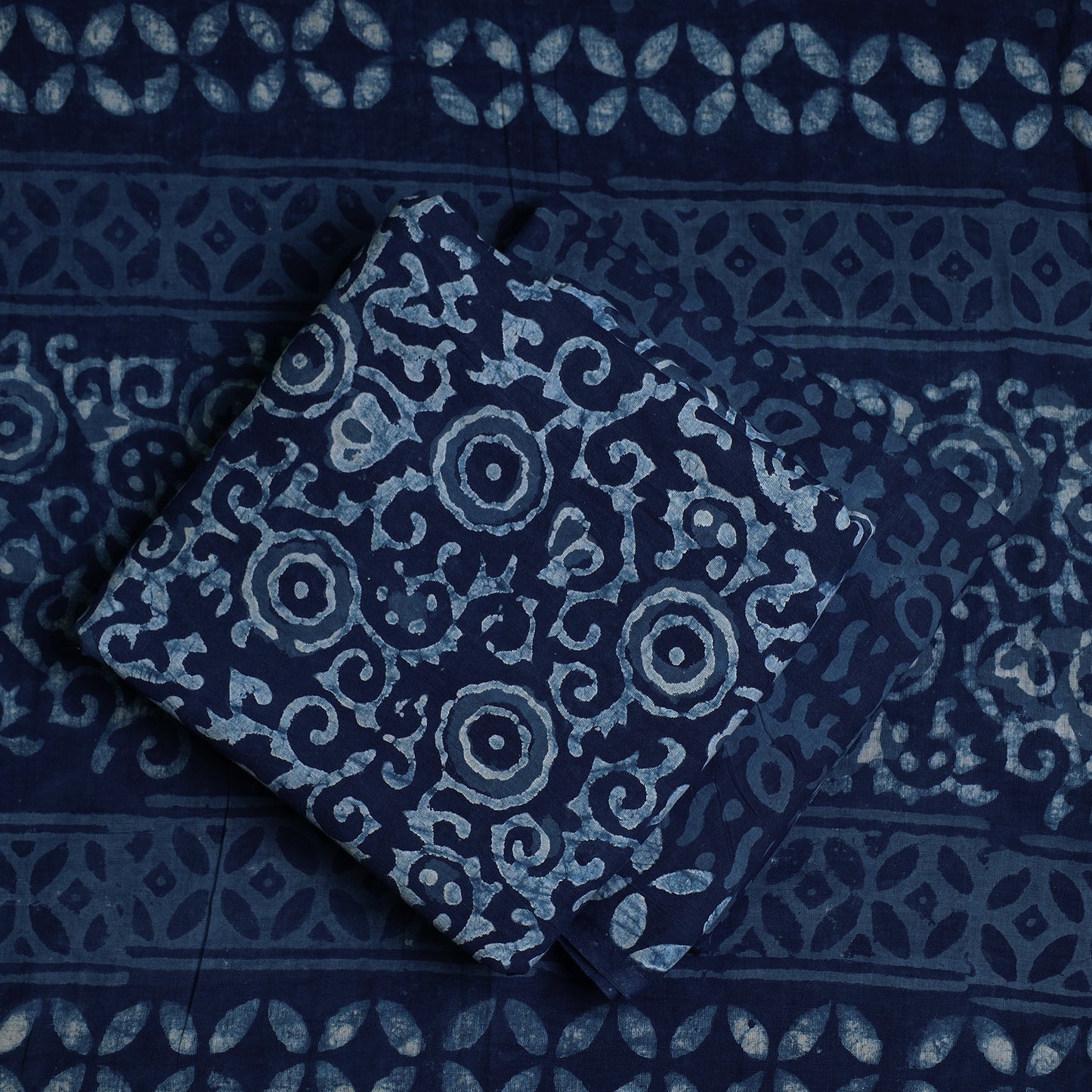 Blue - 3pc Cotton Indigo Bagru Print Dress Material Set 02