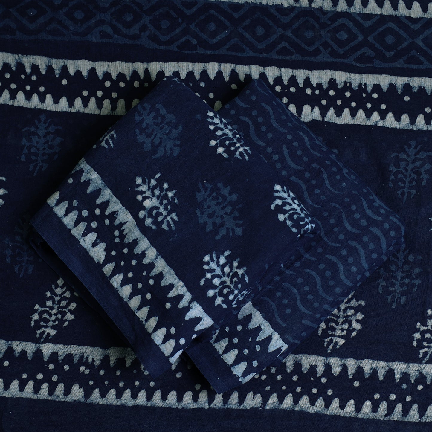 Blue - 3pc Cotton Indigo Bagru Print Dress Material Set 05