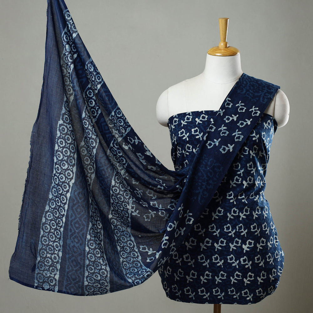 Blue - 3pc Cotton Indigo Bagru Print Dress Material Set 13