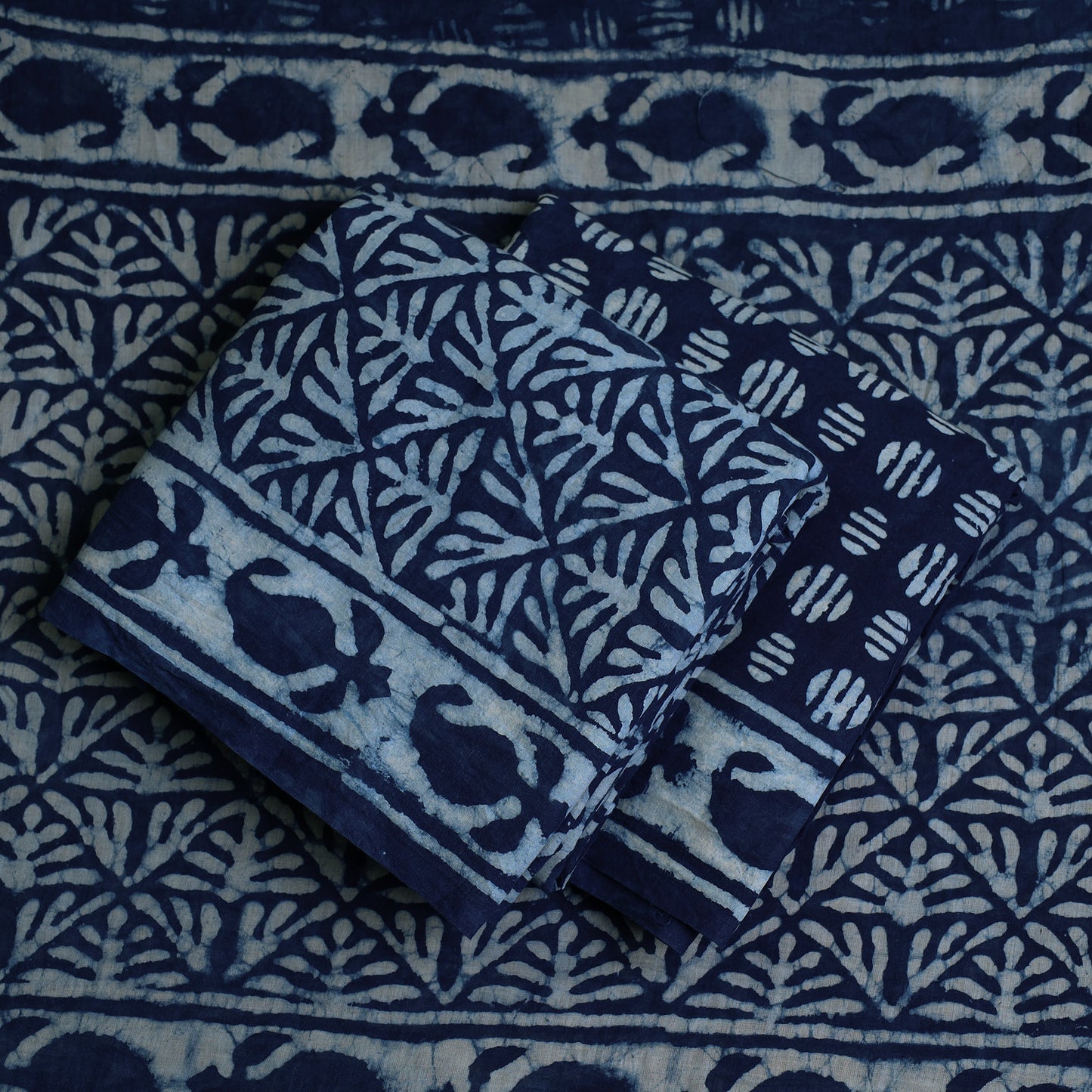 Blue - 3pc Cotton Indigo Bagru Print Dress Material Set 08