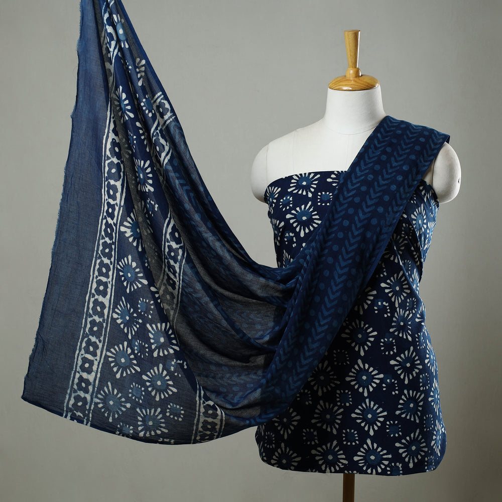 Blue - 3pc Cotton Indigo Bagru Print Dress Material Set 15