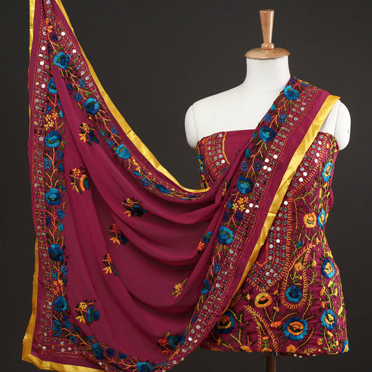 Purple - 3pc Phulkari Embroidery Georgette Suit Material Set