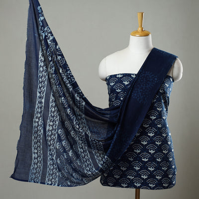 Blue - 3pc Cotton Indigo Bagru Print Dress Material Set 16