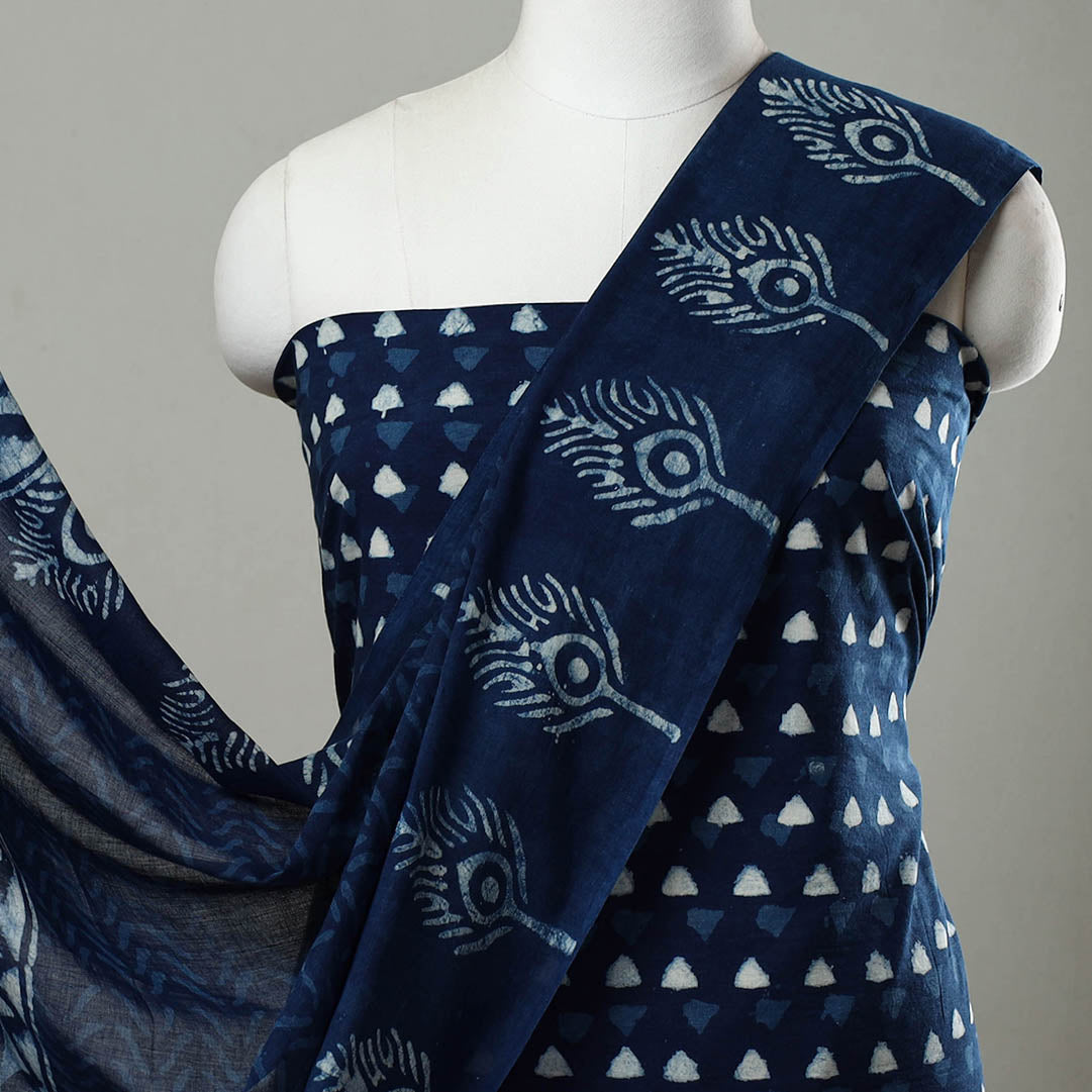 Blue - 3pc Cotton Indigo Bagru Print Dress Material Set 17