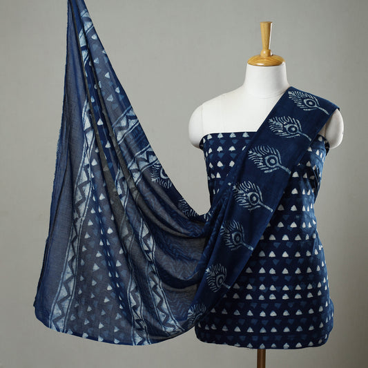 Blue - 3pc Cotton Indigo Bagru Print Dress Material Set 17