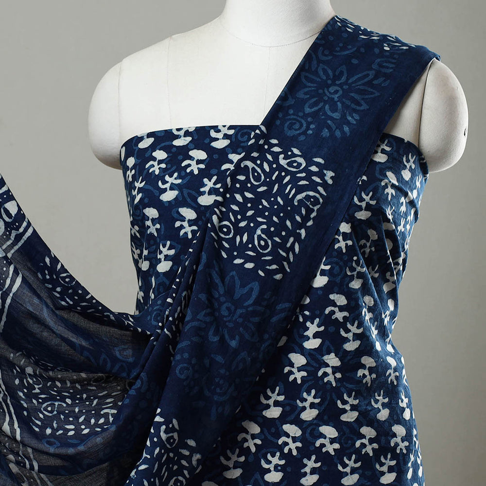 Blue - 3pc Cotton Indigo Bagru Print Dress Material Set 18