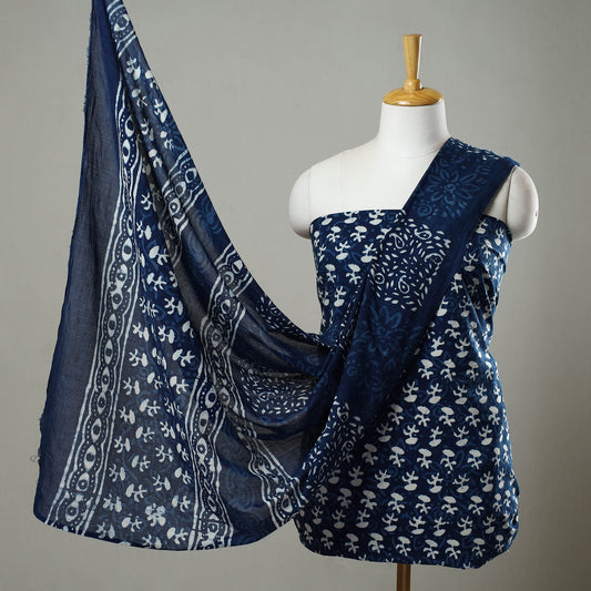 Blue - 3pc Cotton Indigo Bagru Print Dress Material Set 18