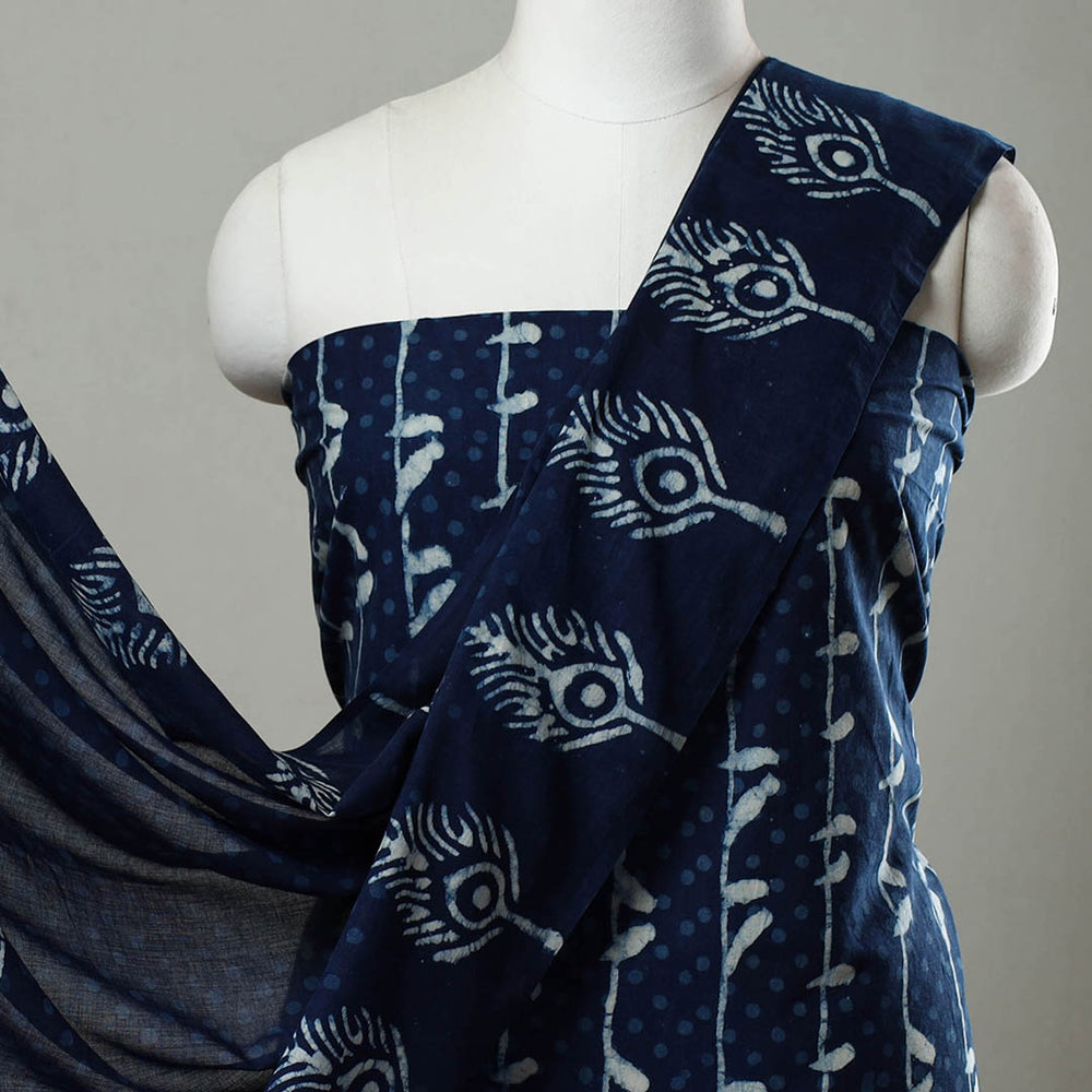 Blue - 3pc Cotton Indigo Bagru Print Dress Material Set 20